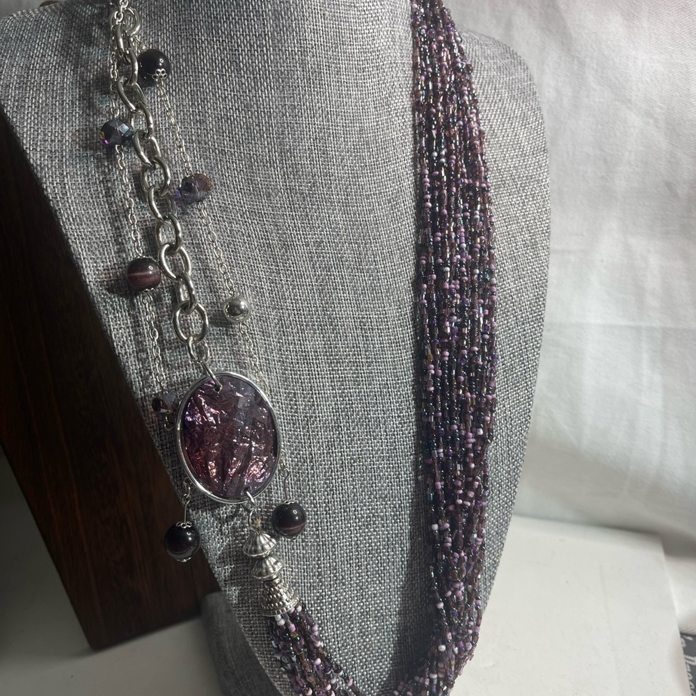 Purple and Silver Multi-Strand Necklace with Floral Accents